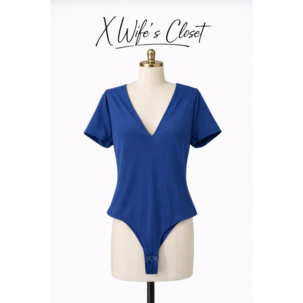Reoria Deep V‎ Neck Short Sleeve Bodysuit Royal Blue Size XL Snaps Thong Back
